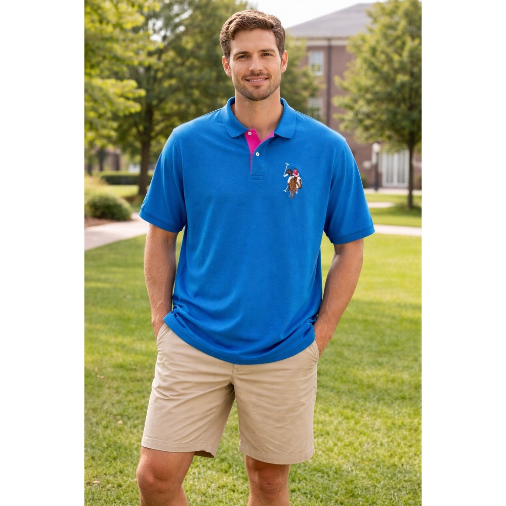 U.S. Polo Assn. Big Pony Embroidered Logo Classic Polo Shirt Blue Pink‎ Size XXL
